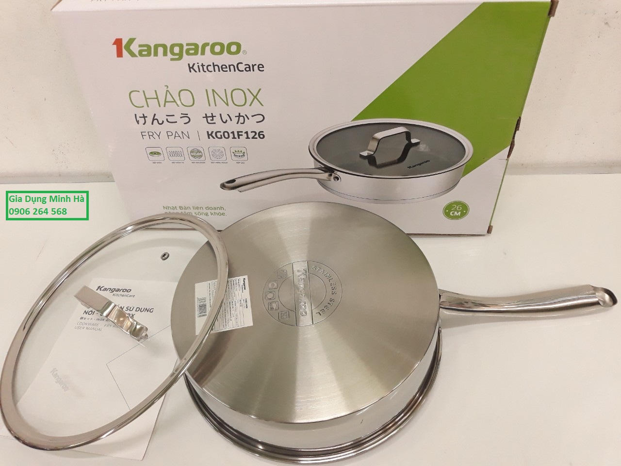 Chảo inox chống dính đáy từ nắp kính 26 cm Kangaroo KG01F126 hàng chính hãng