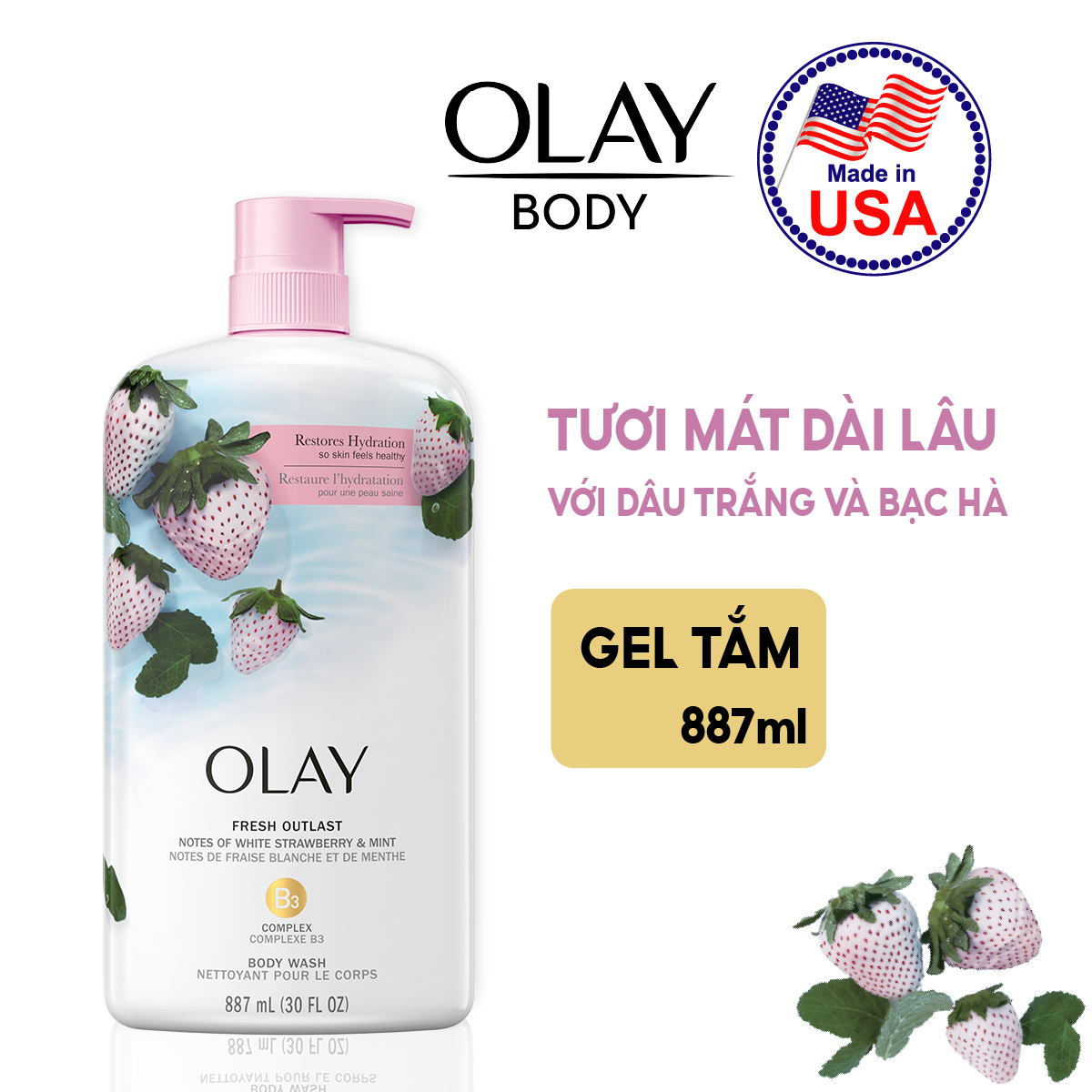 Combo 2 Sữa Tắm Dưỡng Ẩm OLAY Body Wash 887ml x2 Nhập Khẩu Mỹ Hương Purifying Birch Water &amp; Lavender/White Strawberry &amp; Mint/Shea Butter/Age Defying