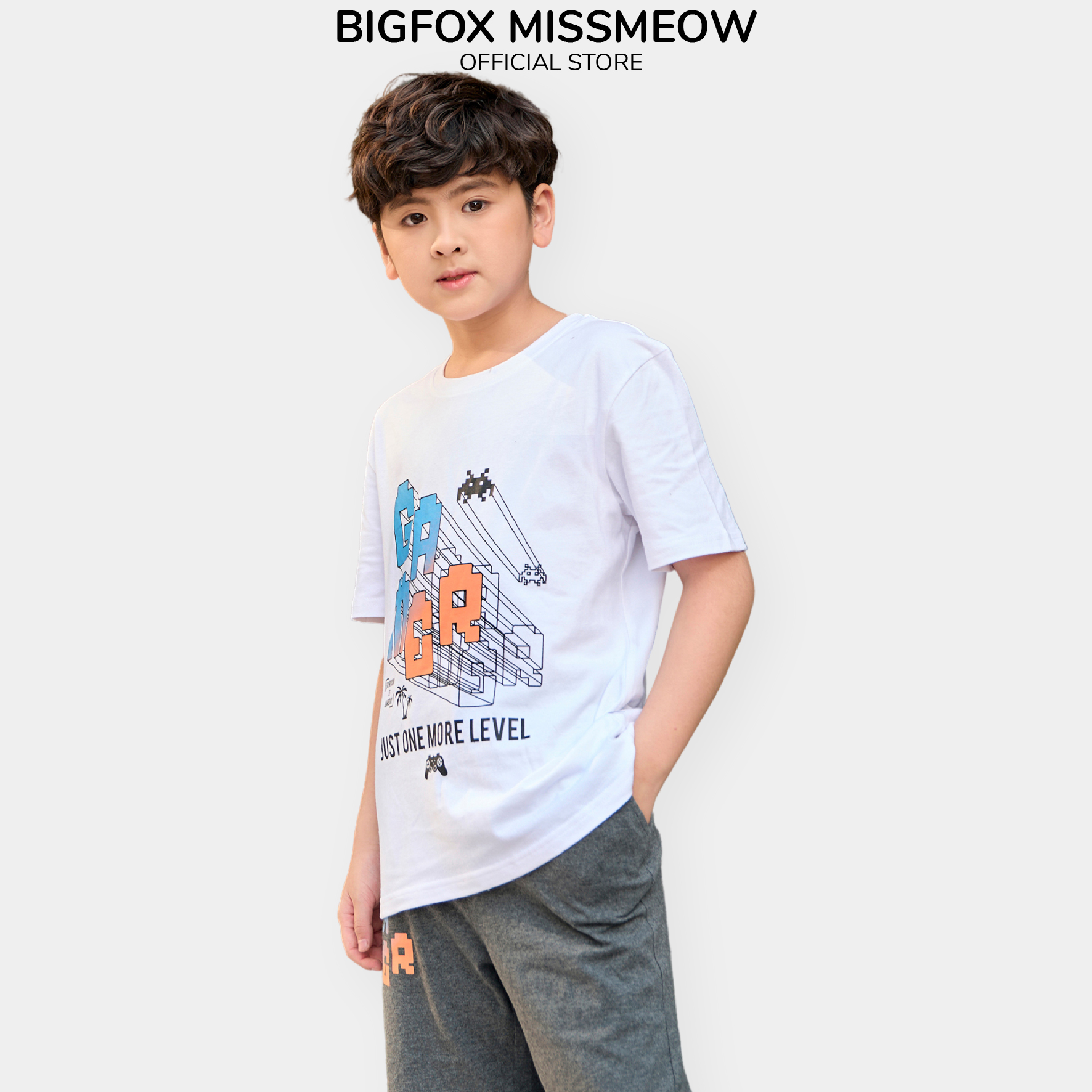Bộ hè bé trai size đại Bigfox Miss Meow mặc hè kiểu dáng Hàn Quốc vải cotton in Gamer cỡ trẻ em 12-15 tuổi 40kg - 50kg