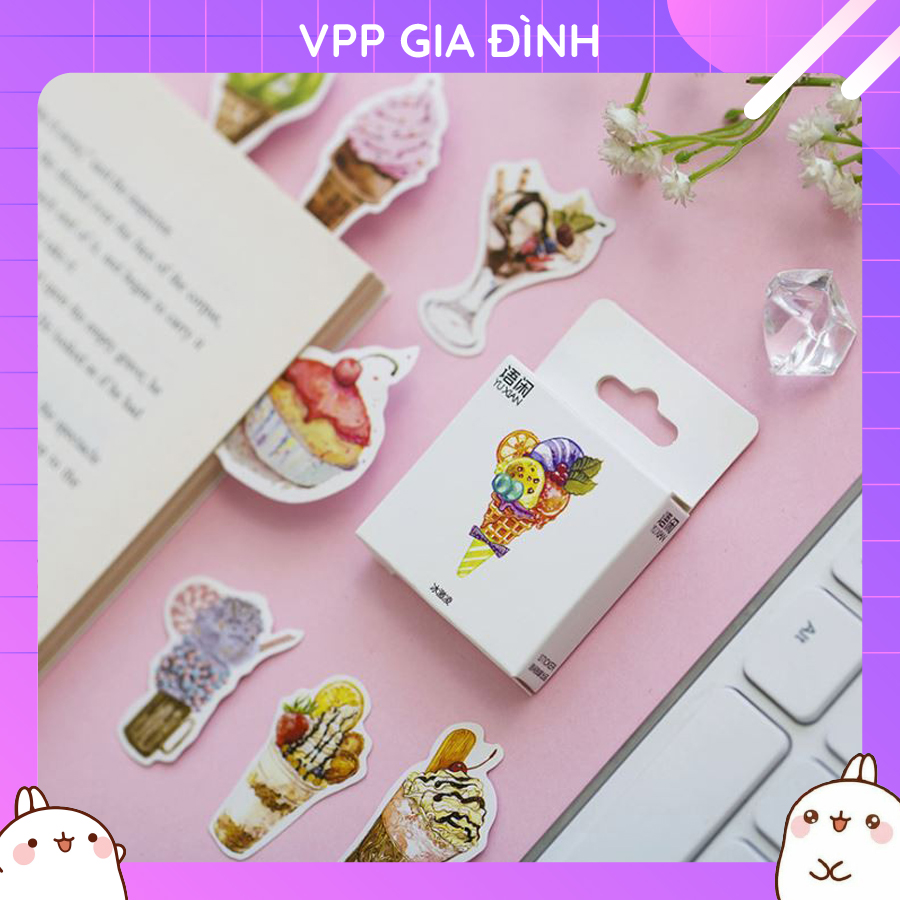 Hộp 50 Miếng Nhãn Dán Sticker Trang Trí Kem Dâu Ice Cream