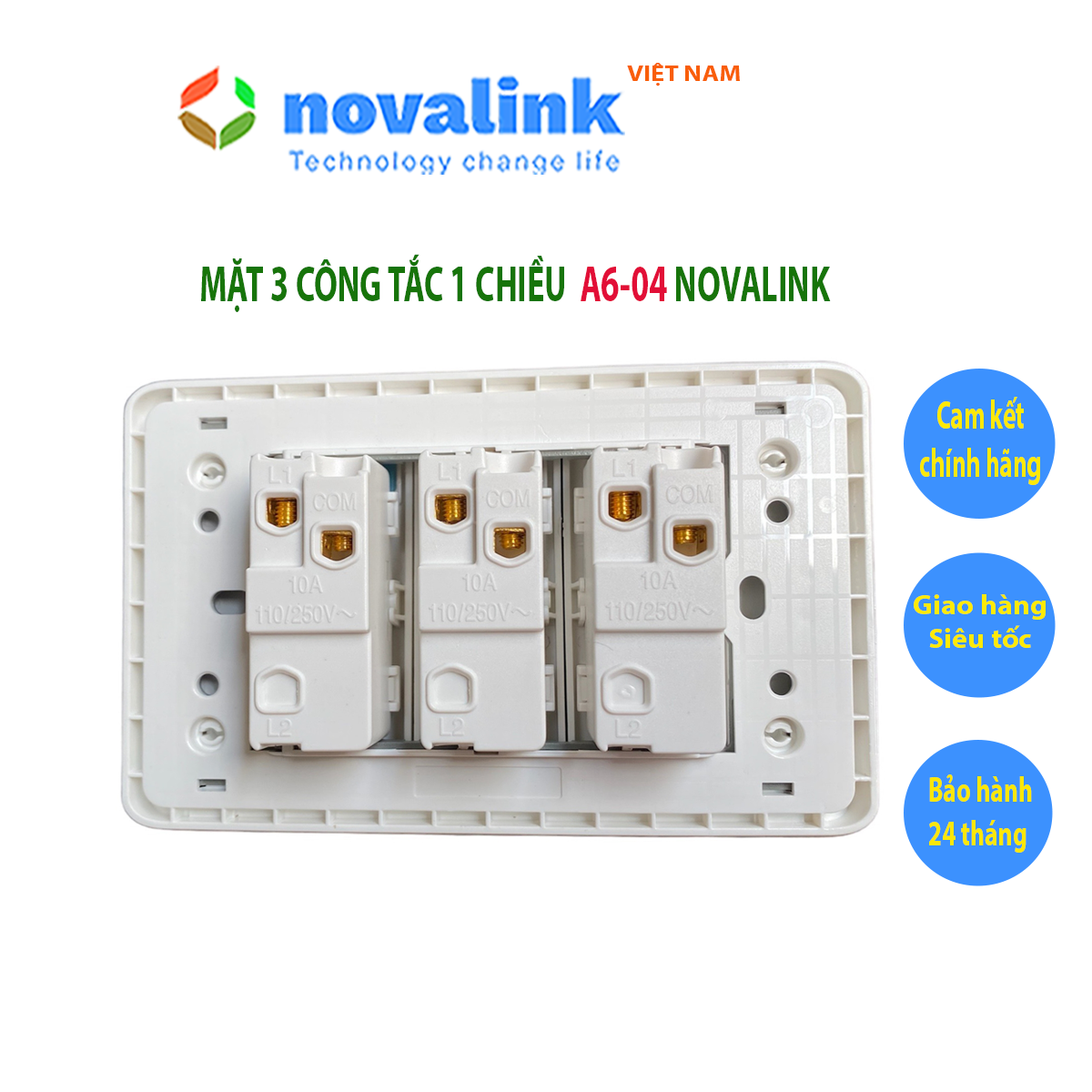 Mặt 3 công tắc 1 chiều A6-04 Novalink chính hãng.