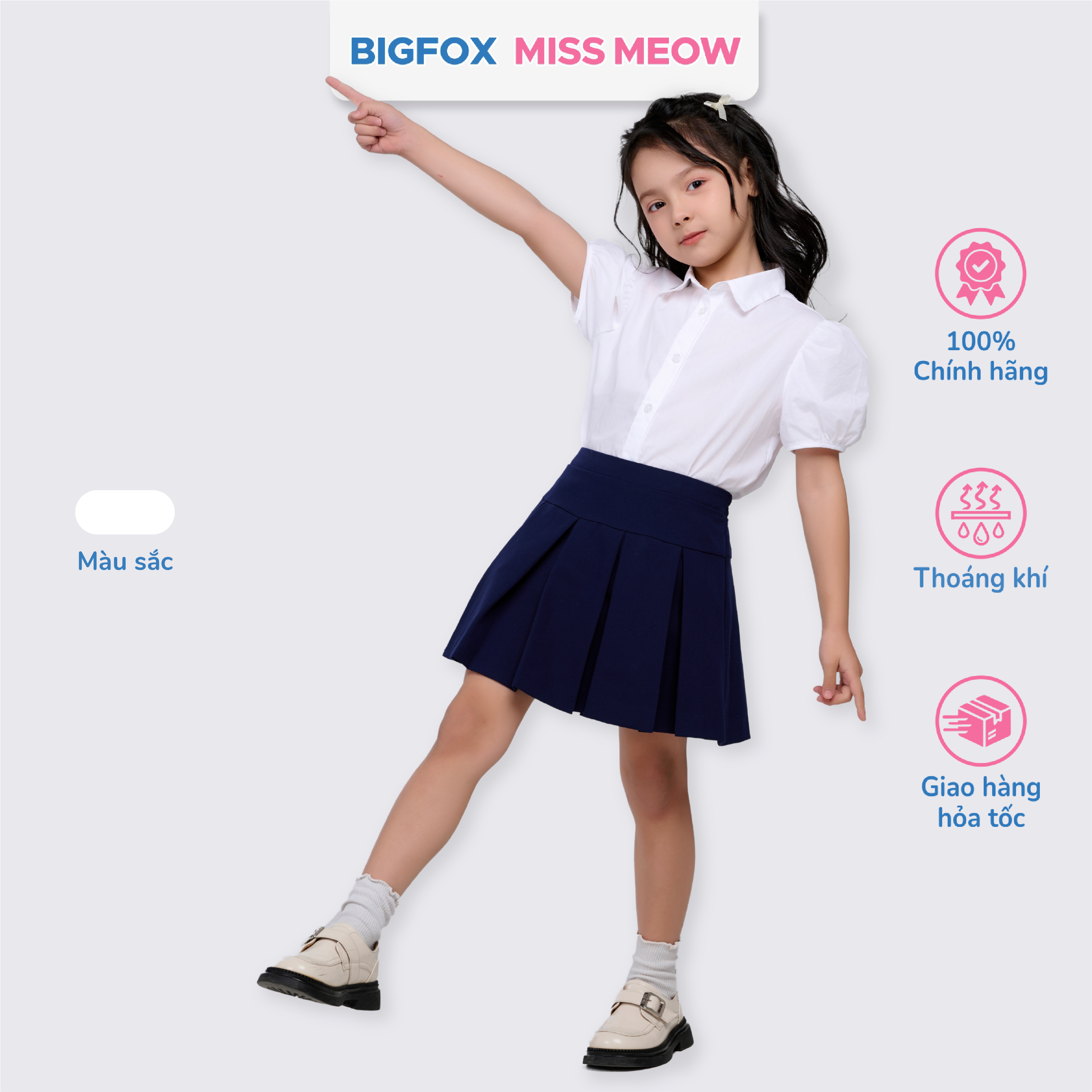 Áo sơ mi bé gái màu trắng Bigfox Miss Meow, áo cộc tay đồng phục đi học có cổ 6,9,11 tuổi 30kg 40kg