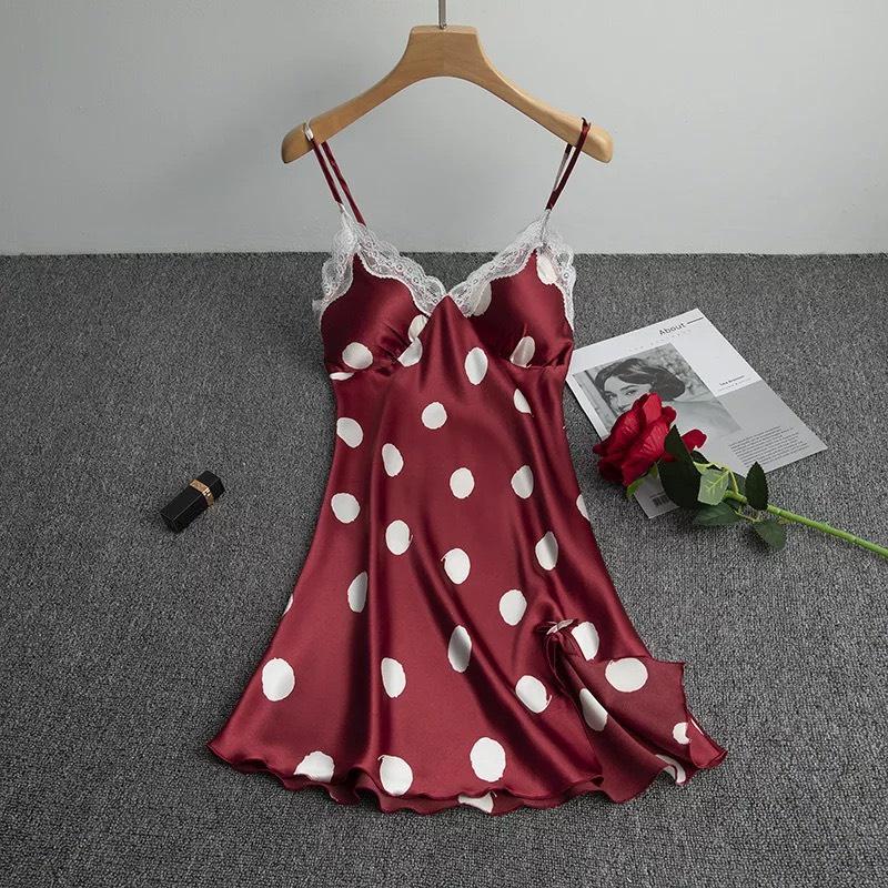 HISEXY Đầm Ngủ Chấm Bi Liền Thân Mặc Nhà Lụa Satin Cao Cấp Có Mút Ngực MD38