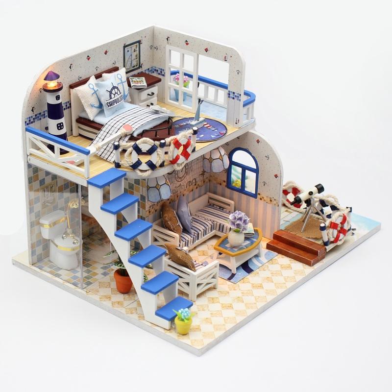 đồ chơi mô hình lắp gáp gỗ vật dụng trang trí ngôi nhà màu xanh bên bờ biển M032 có đèn quà tặng cho bé trẻ em