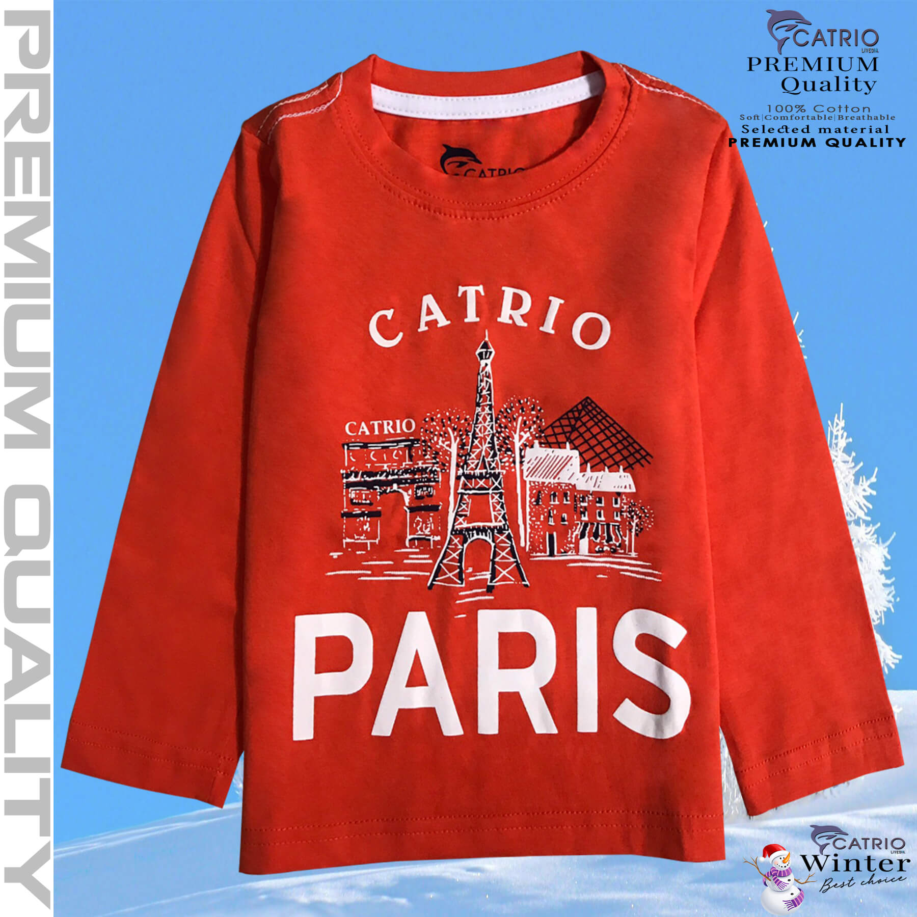ÁO THUN DÀI TAY BÉ TRAI CATRIO in PARIS màu CAM là áo phông tay dài trẻ em từ 8kg 10kg 12 kg .. 30kg cổ tròn vải dệt kim co giãn 4 chiều + quần dài cotton thành bộ đồ thu đông cho bé rất đẹp