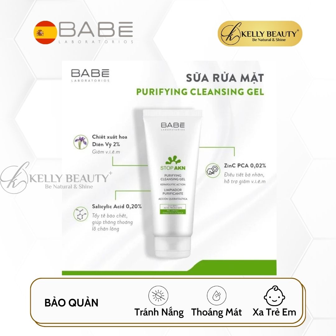 Gel Rửa Mặt Cho Da Dầu Mụn BABE Stop AKN Purifying Cleansing Gel - Làm Sạch Sâu, Kiềm Dầu, Giảm Sưng Viêm | Kelly Beauty