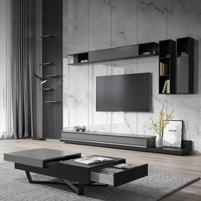 COMBO kệ TV bàn trà hiện đại vân sồi màu xám + đen - Bộ nội thất phòng khách giá sốc LUX-KTV09