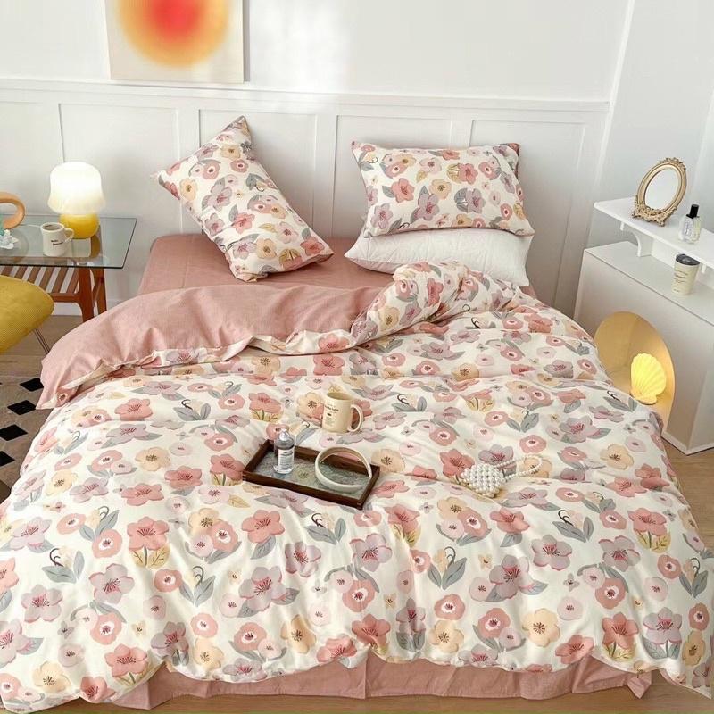 Bộ Chăn Ga Gối Cotton Living 100%Cotton Hàng Nhập Khẩu Cao Cấp 4 Món Hoa Nhí Vintage Hàn Quốc