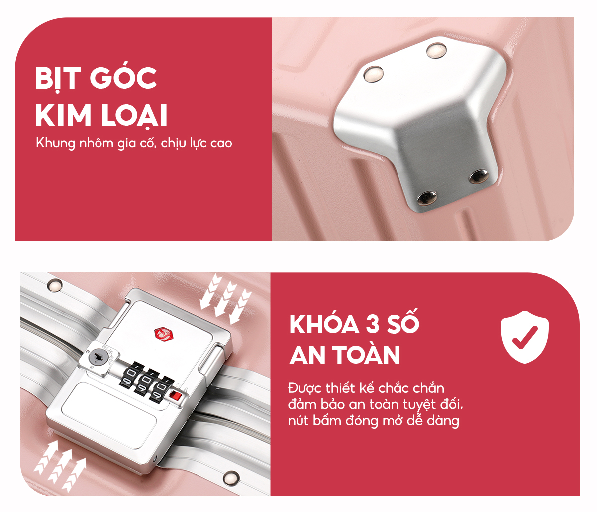 Vali khung nhôm khóa sập Bamozo 9066 size 20/24/28 inch bịt 4 góc kim loại chống va đập bảo hành 5 năm - BẢN THƯỜNG