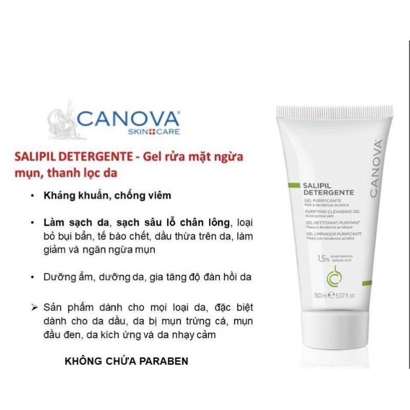 Gel rửa mặt giảm mụn, thanh lọc da Canova Salipil Detergente 150ml