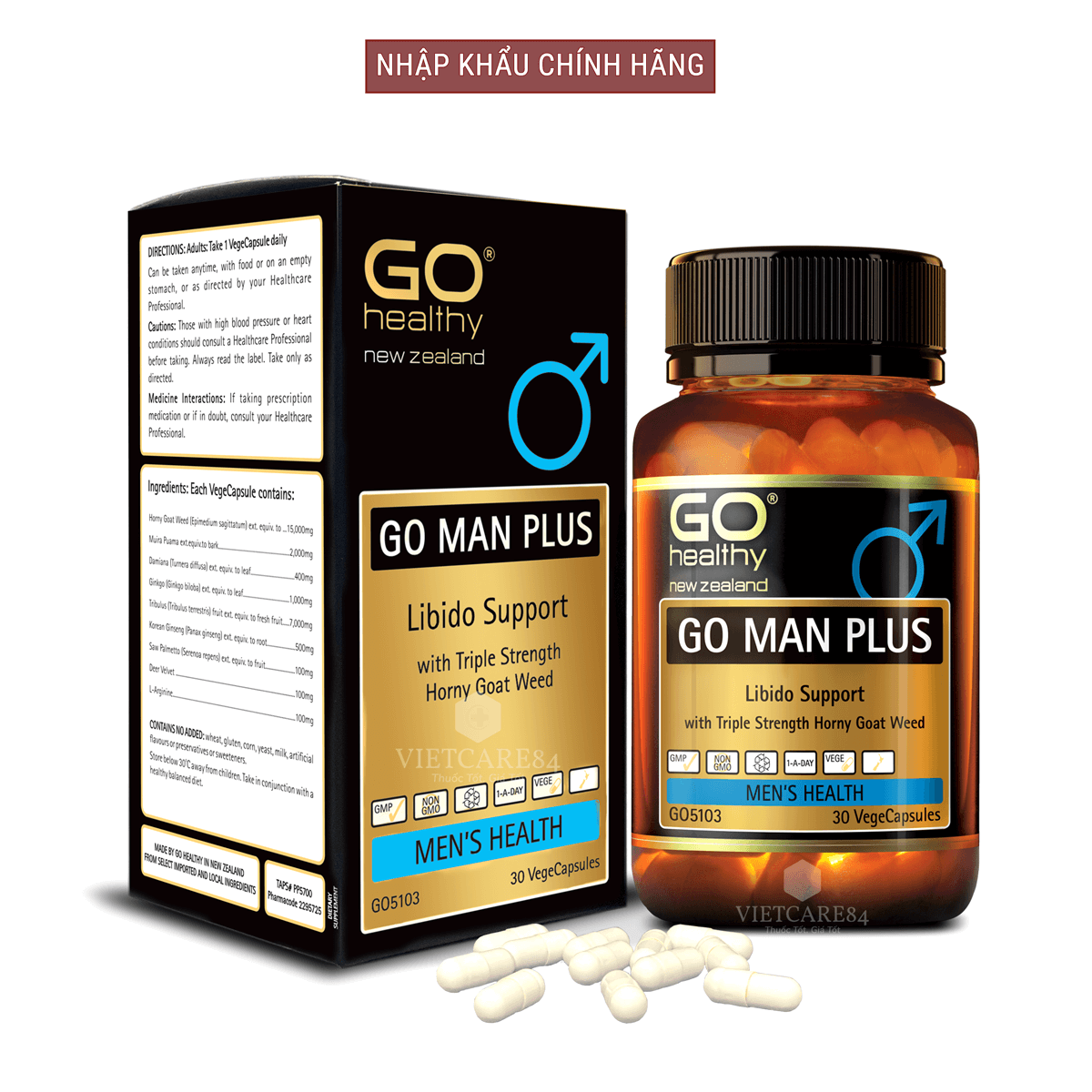 Bộ sản phẩm 2 hộp viên uống tăng sinh lý nam nhập khẩu chính hãng New Zealand GO MAN PLUS (30 viên) giúp tăng cường sinh lực ở nam giới, tăng cường khả năng sinh lý ở nam giới, cải thiện và làm chậm quá trình mãn dục nam