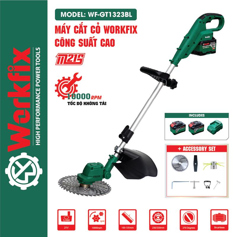 Máy cắt cỏ pin WORKFIX WF-GT1323BL, Động cơ Không chổi than, Dài 130cm, Lưỡi 250mm - Bảo Hành Chính hãg