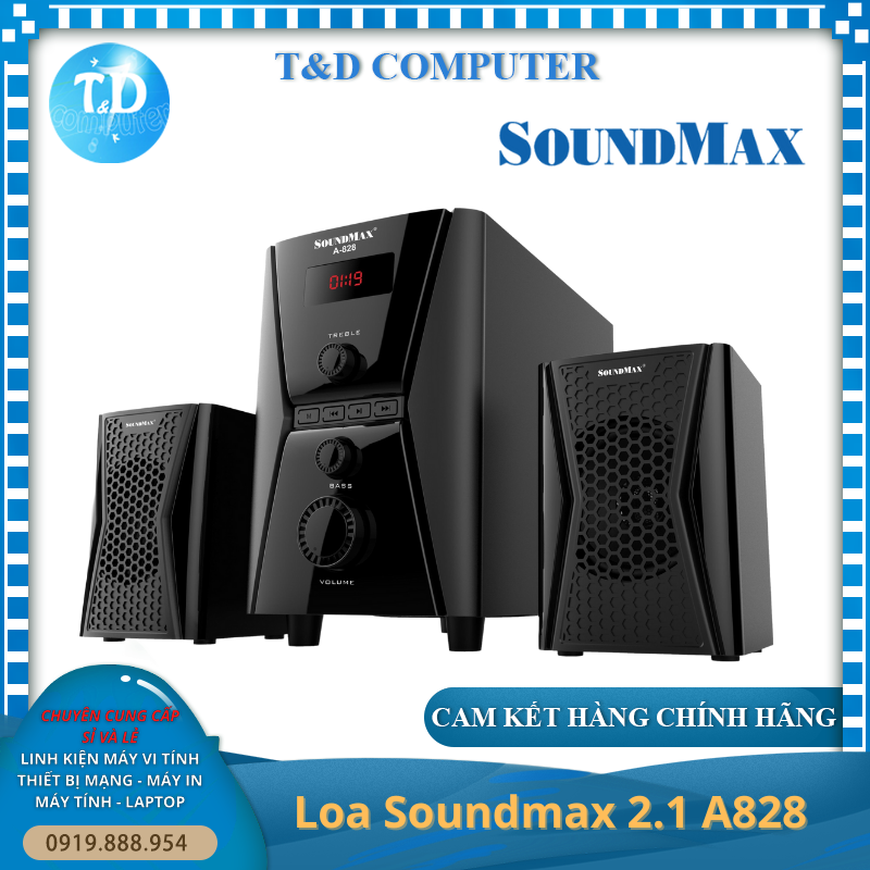 Loa vi tính 2.1 Soundmax A828 20W - Hỗ trợ kết nối Bluetooth, Thẻ nhớ, USB - Hàng chính hãng Triệu Gia phân phối