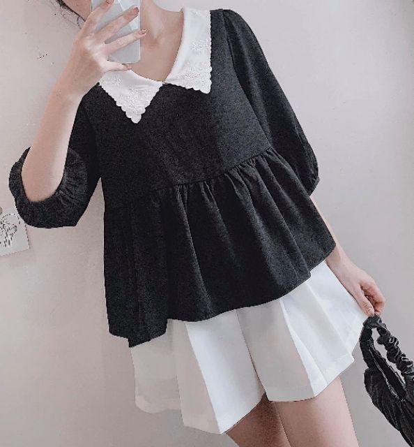 BÁN SỈ SƠ MI ĐEN PEPLUM PHỐI CỔ