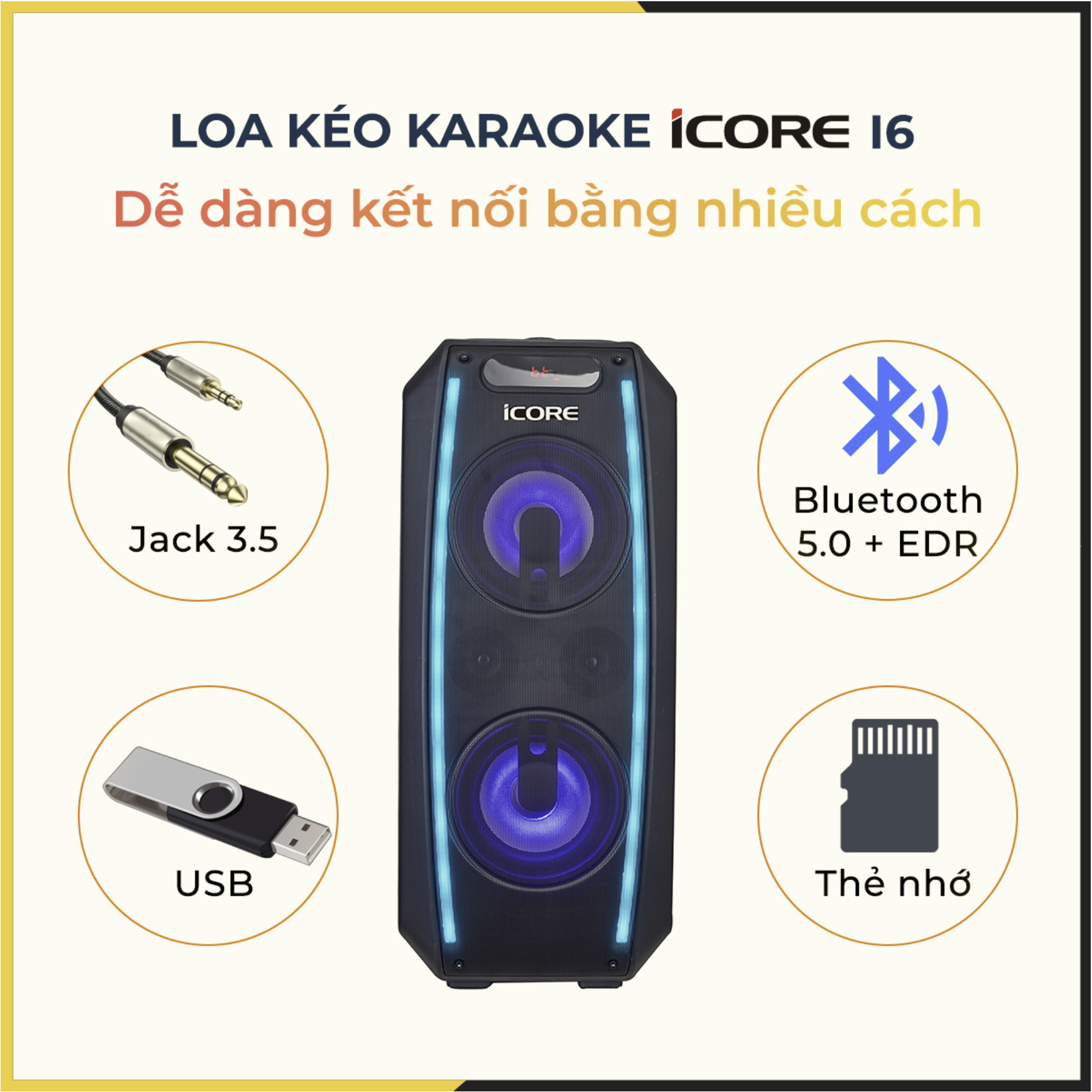 Loa Karaoke iCore i6. Loa xách tay có đèn chớp tắt. Kèm 2 Micro UHF kim loại cáo cấp - Hàng Chính Hãng