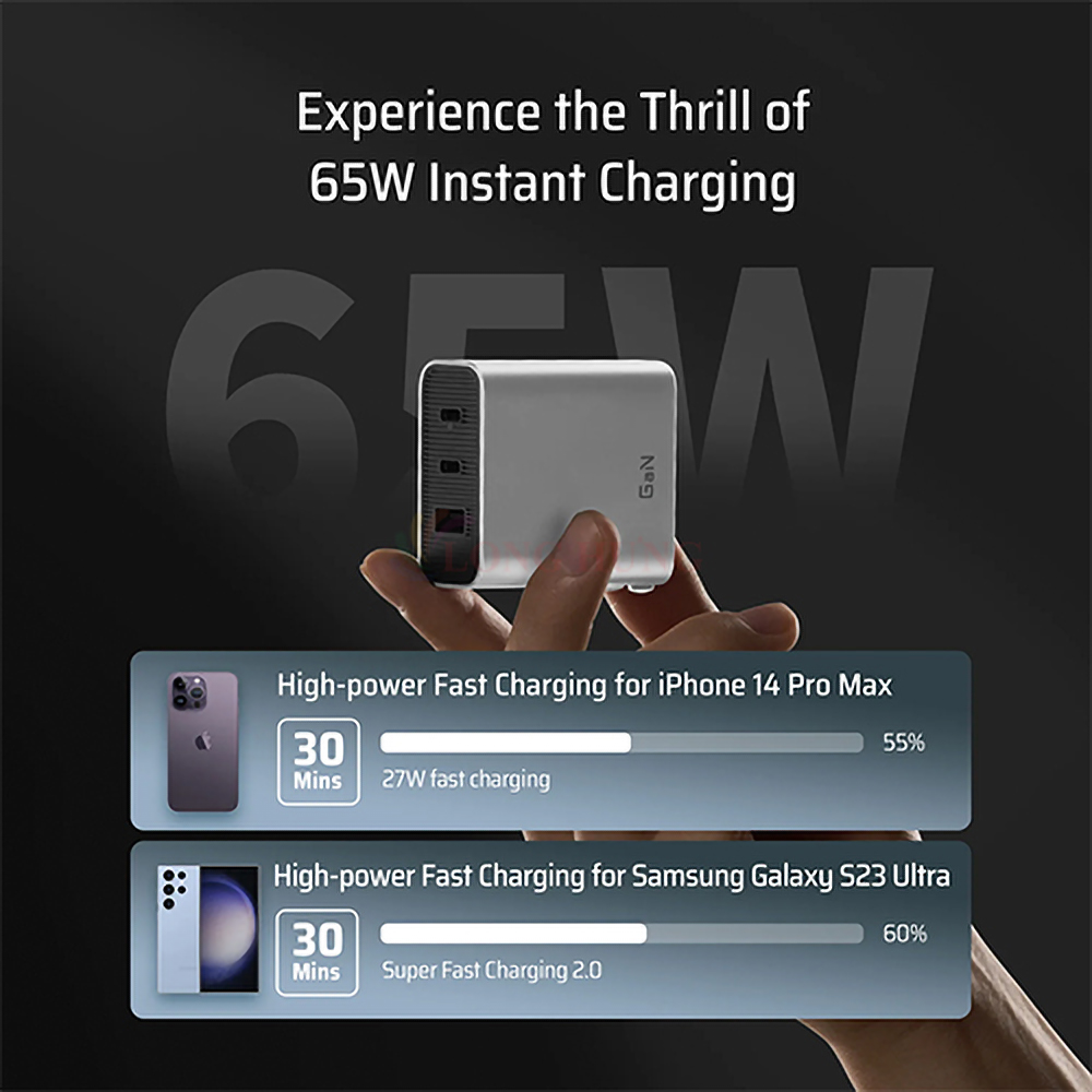 Combo cốc sạc Cuktech 1USB 2Type-C 65W + Cáp USB Type-C to Type-C AD653C - Hàng chính hãng