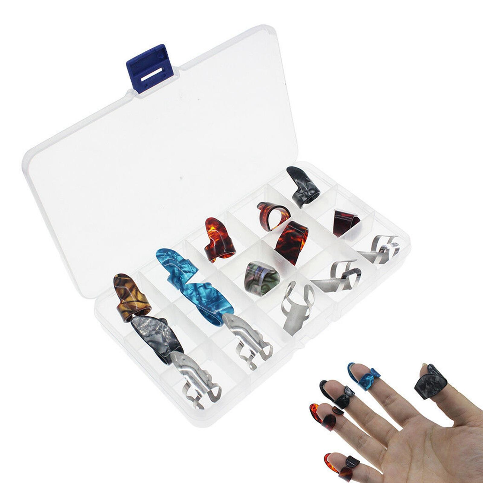 Pack of 15 Guitar Thumb Finger Picks, Colorful Nail Plectrum, for Guitar Bass Banjo Plastic and Stainless Steel 15 Grid Box