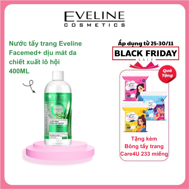 Nước Tẩy Trang Làm Dịu Mát Da 3 Trong 1 Eveline Chiết Xuất Lô Hội Facemed 400Ml