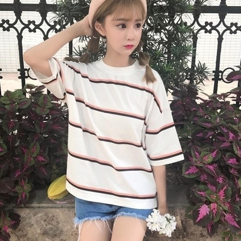 Áo Thun Tay Ngắn Hoạ Tiết Kẻ Sọc Thiết Kế Dáng Rộng Thoải Mái