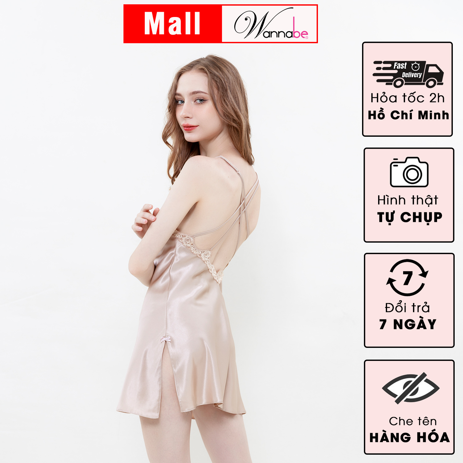 Đầm ngủ WANNABE DNS85 váy ngủ 2 dây lụa cổ tim cut-out lưng sâu viền ren lượn sóng từ trước ra sau khoe vai trần gợi cảm