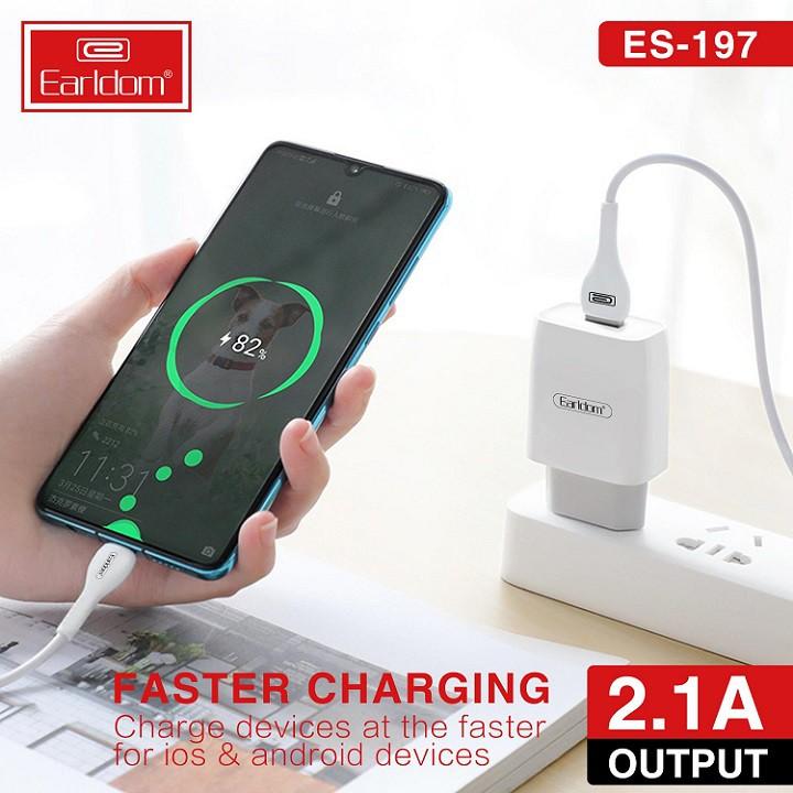 Bộ sạc cáp nhanh Earldom ES197 Chính Hãng 1 ổ cắm USB dành cho Iphone Samsung Ipad