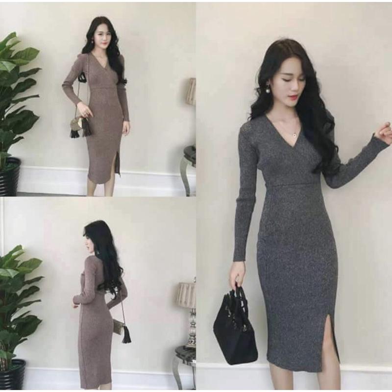 F275 Đầm ôm body cổ tim đắp chéo tay dài xẻ đùi trái