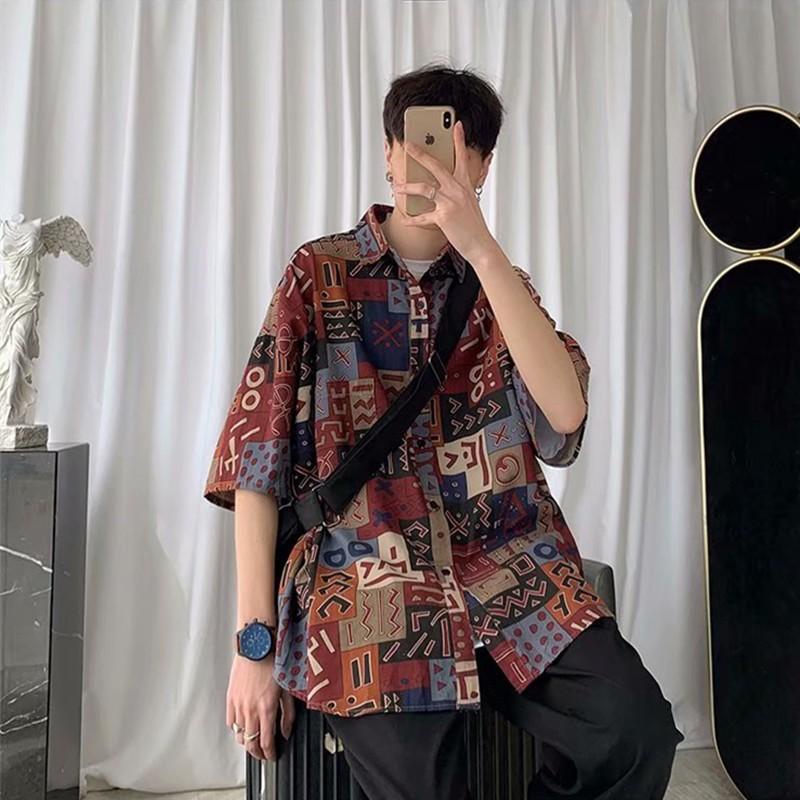 Áo sơ mi ngắn tay dáng rộng in họa tiết cá tính thời trang mùa hè cho nam