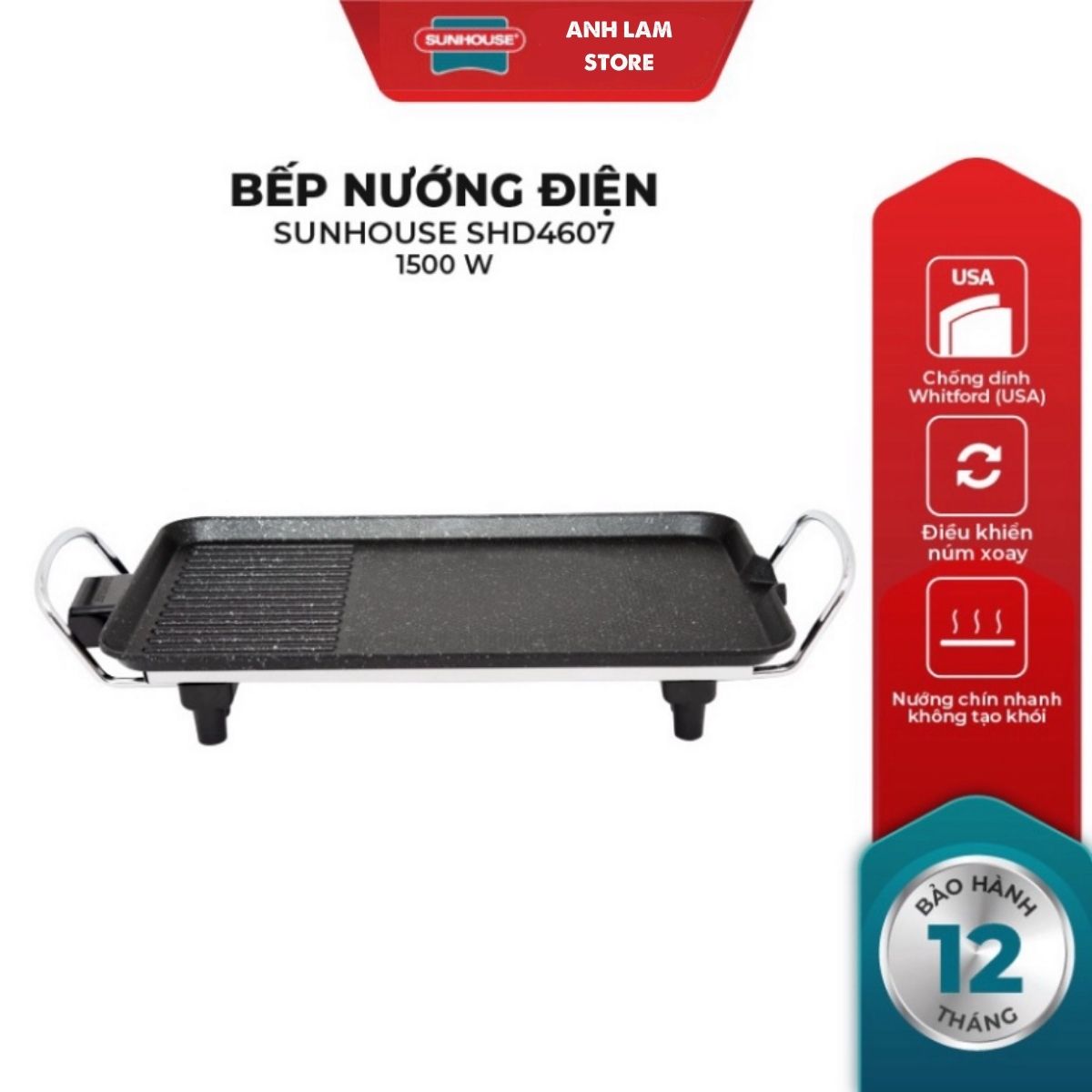 Bếp nướng điện không khói Sunhouse SHD-4607 công suất 1500w Anh Lam Store - Hàng chính hãng