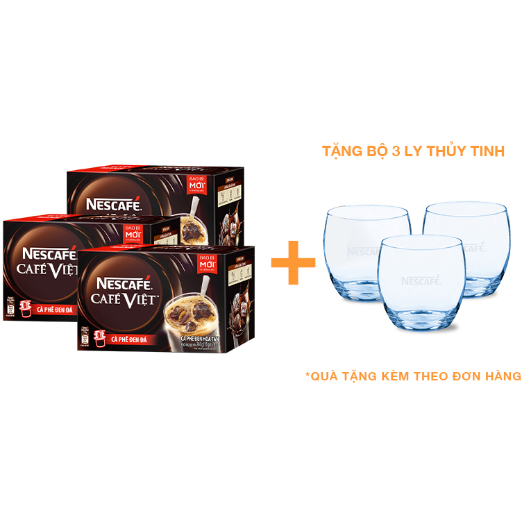 Combo 3 hộp cà phê hòa tan Nescafé café Việt đen đá (Hộp 15 gói x 16g) - [Tặng bộ 3 ly thủy tinh]