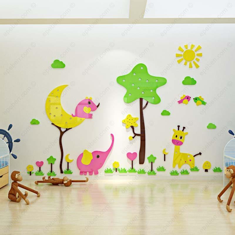 Tranh dán tường mica 3d decor khổ lớn khu vườn thú dễ thương trang trí mầm non, mẫu giáo, phòng cho bé