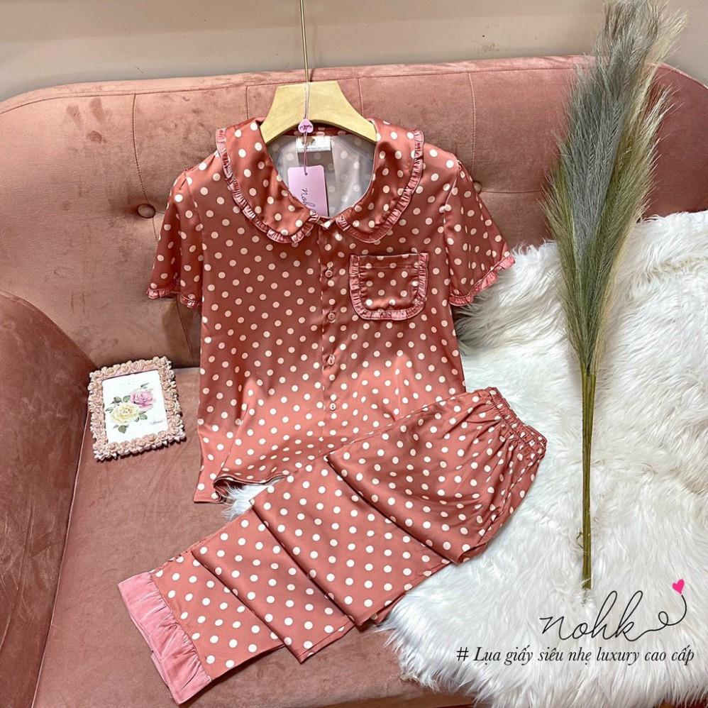 freeship Bộ ngủ Pijama lụa chấm bi phối cổ bèo cộc tay cao cấp NOHK