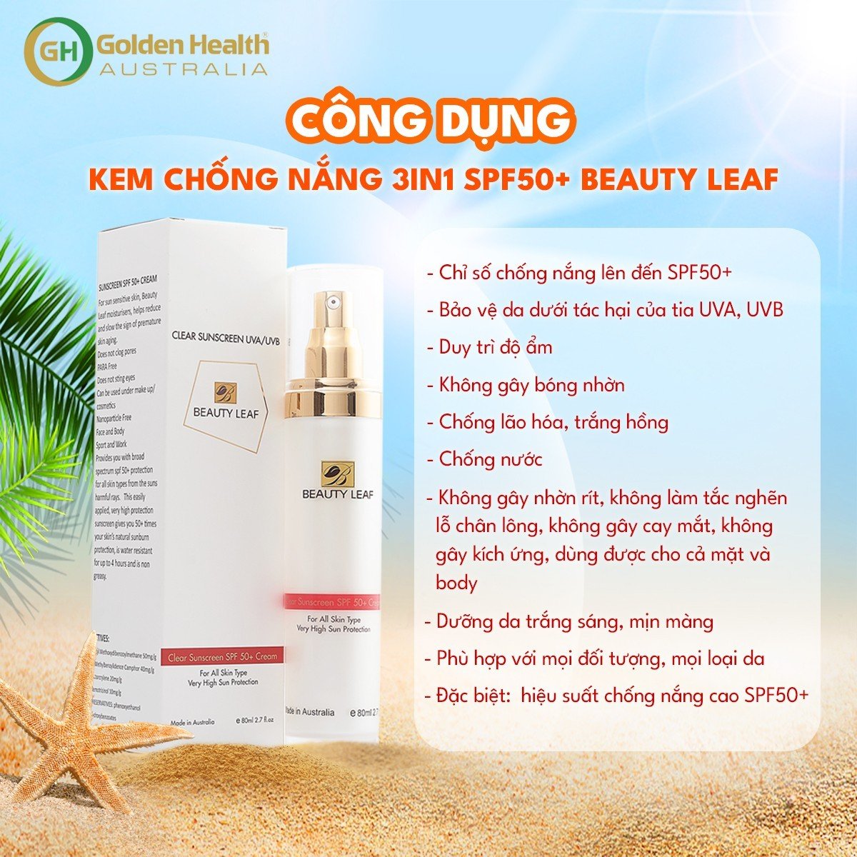 [GOLDEN HEALTH] Kem Chống Nắng Dưỡng Trắng Da, Kháng Nước Beauty Leaf Clear Sunscreen UVA/UVB SPF 50+ (Chai 80ml)