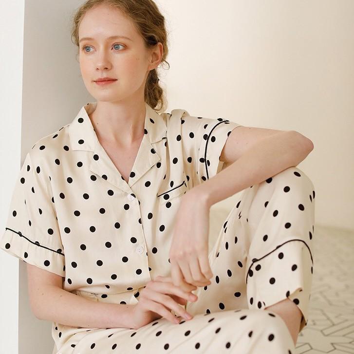 Bộ ngủ Pijama lụa satin cao cấp họa tiết chấm bi
