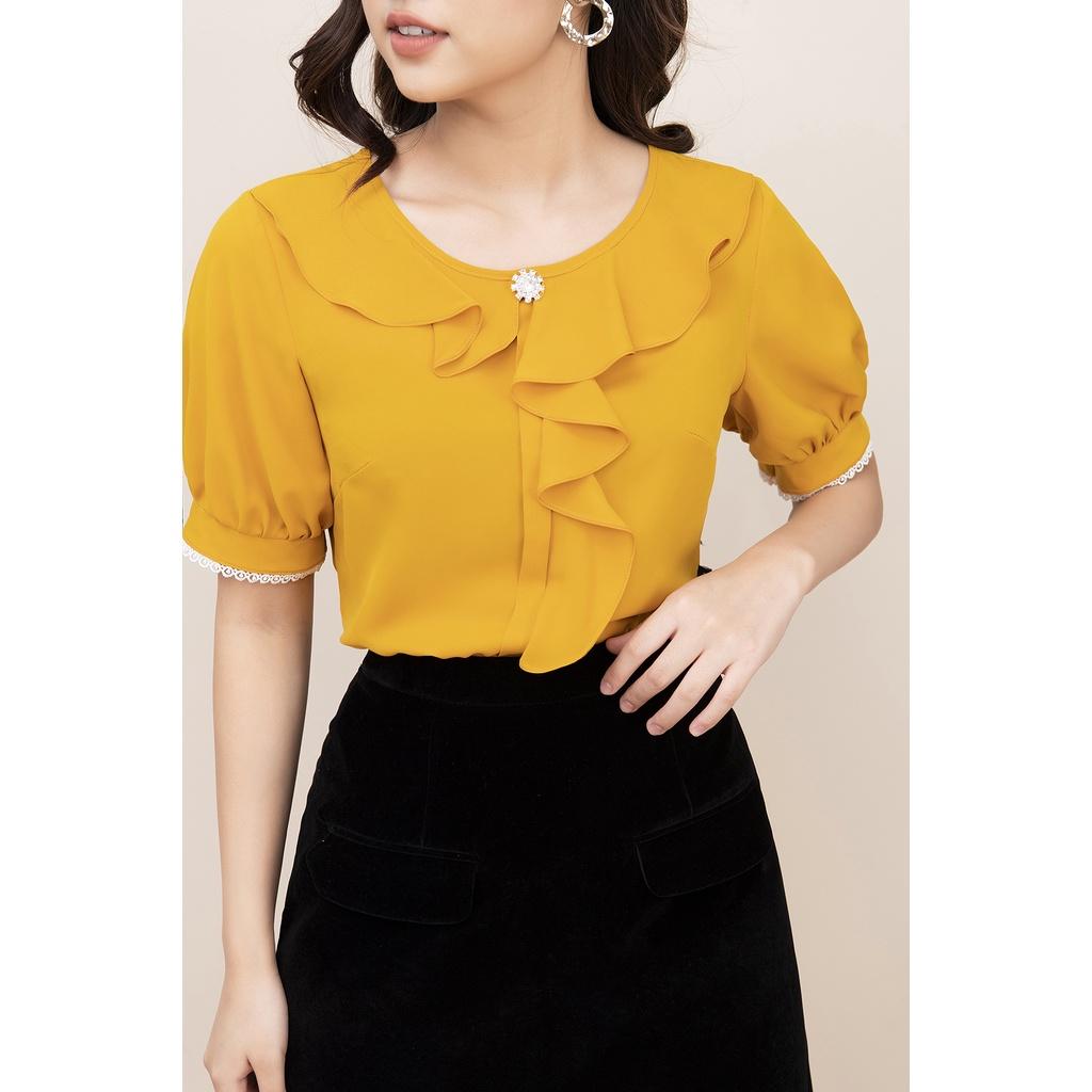 Áo Sơ Mi Nữ Cổ Bèo Nhún Tay Bồng LUPERI LFSM1171 chất liệu lụa lạnh Hàn mềm mát mịn không nhăn dáng xuông dài vừa