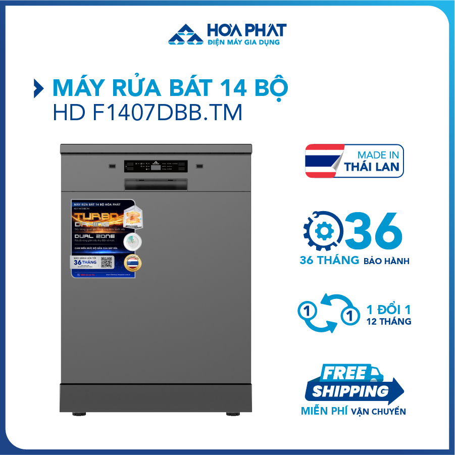 Máy rửa bát 14 bộ Hòa Phát HD F1407DBB.TM - Bảo hành 36 tháng - Hàng chính hãng