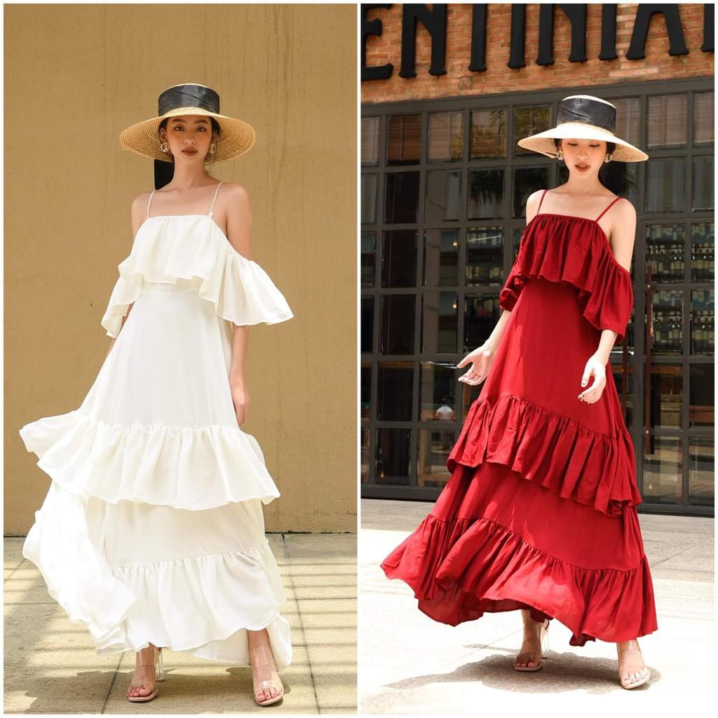 Đầm maxi đi biển hai dây, trễ vai, dáng xòe sang chảnh trắng đỏ bigsize váy đầm nữ đẹp đi biển giá rẻ