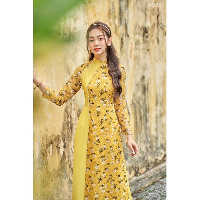 Áo Dài 4 Tà hoa nhí màu vàng mẫu mới Dáng Áo Truyền Thống/ Phối Tà Lệch, Tay Dài/ Hoa Thêu Nổi Cực Đẹp