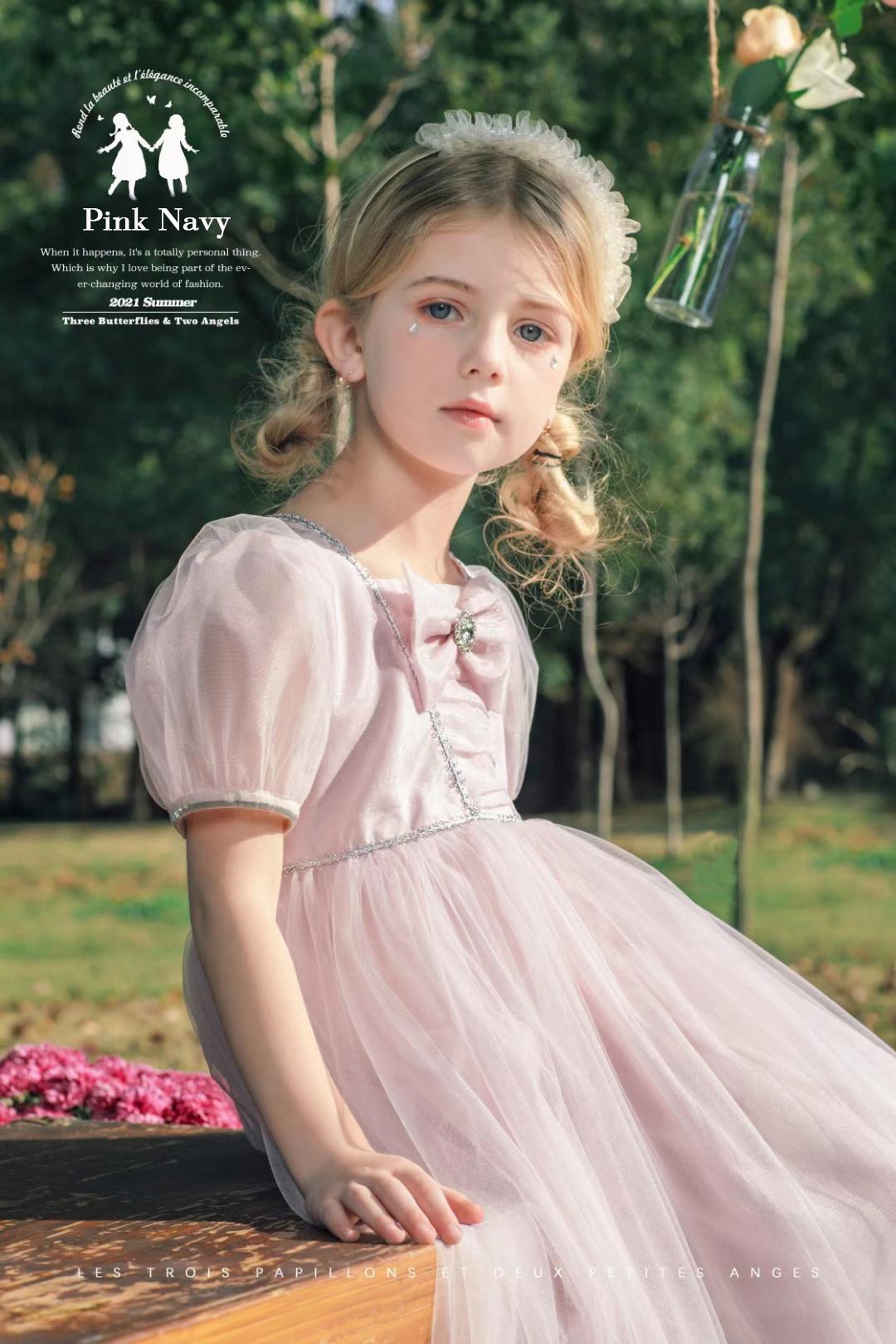 Váy công chúa bé gái voan tơ đính nơ cho bé 3-12 tuổi 15-32kg màu hồng