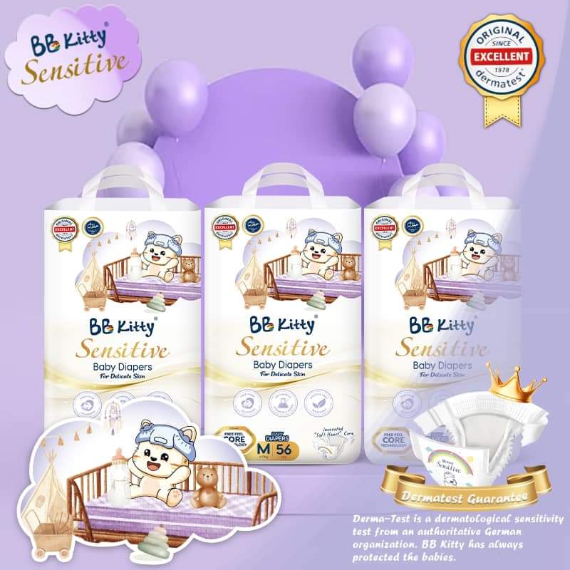 Tã/Bỉm Dán BB KITTY SENSITIVE dành cho da Nhạy Cảm size M 56 miếng/ 06 - 11 kg mẫu mới 2024