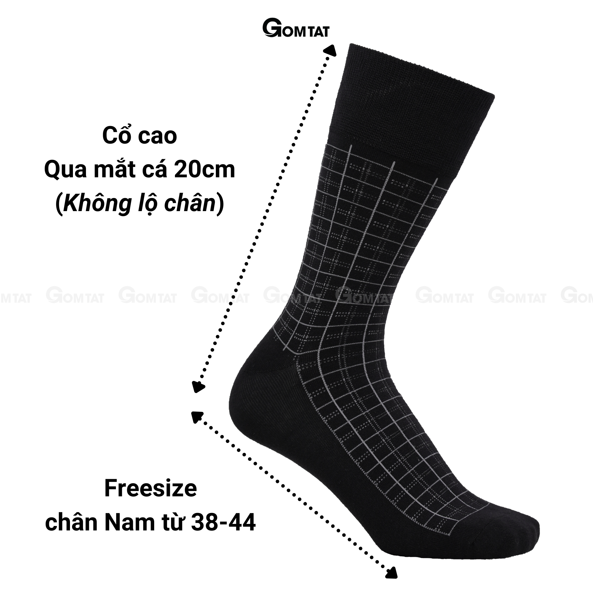 Tất Nam Công Sở Cổ Cao GOMTAT Màu Đen Caro Trắng Chất Liệu Cotton Cao Cấp Êm Mềm Đi Thoáng - GOM-TAY11-DENCAROTRANG