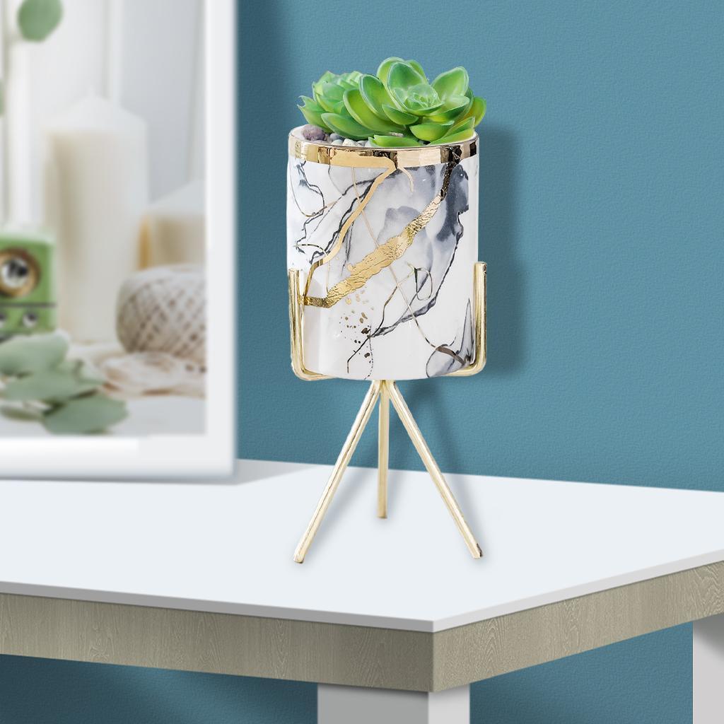 2x Ceramic Succulent Flower Planter Iron Pot Shelf Stand Home Decor