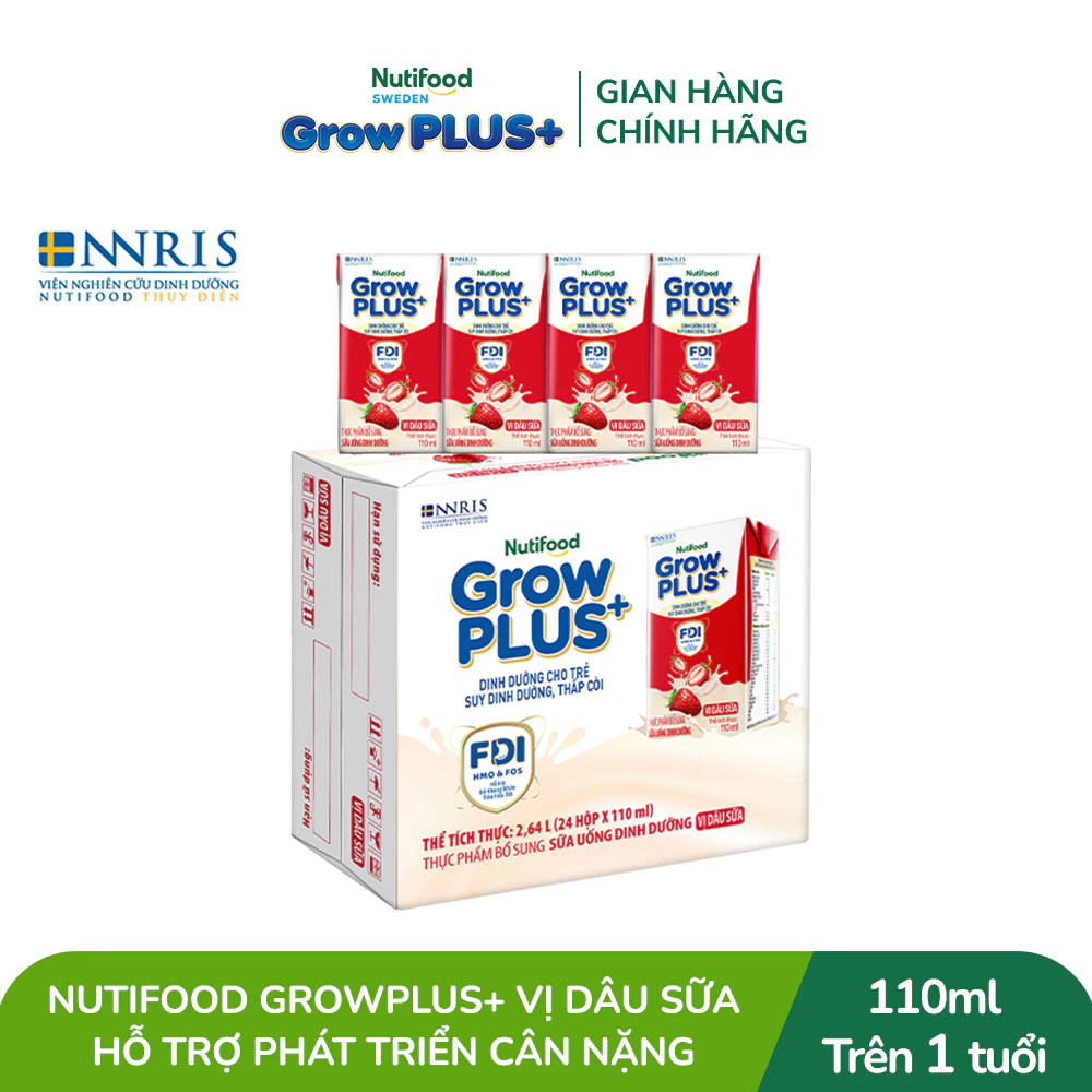 Thùng 24 hộp Sữa bột pha sẵn Nutifood GrowPLUS+ Vị Dâu hộp 110ml - Trên 1 tuổi (24 hộp x 110ml)