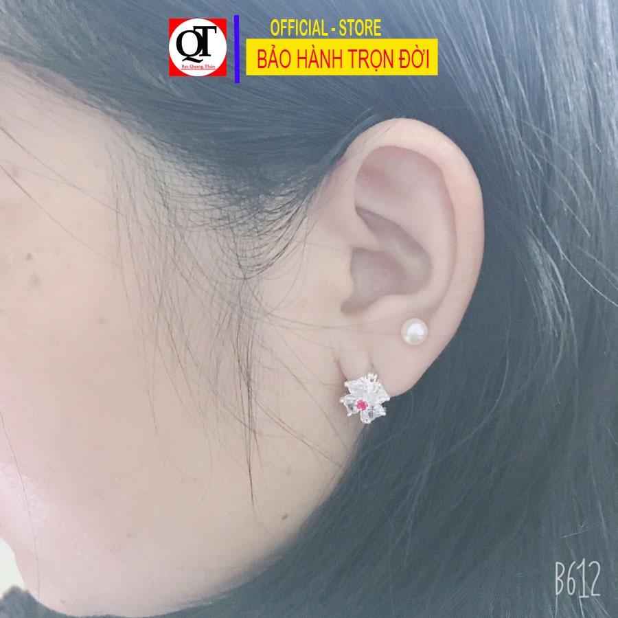 Bông tai nữ hình cỏ bốn lá mặt gắn đá tim cao cấp chất liệu bạc thật không xi mạ trang sức Bạc Quang Thản