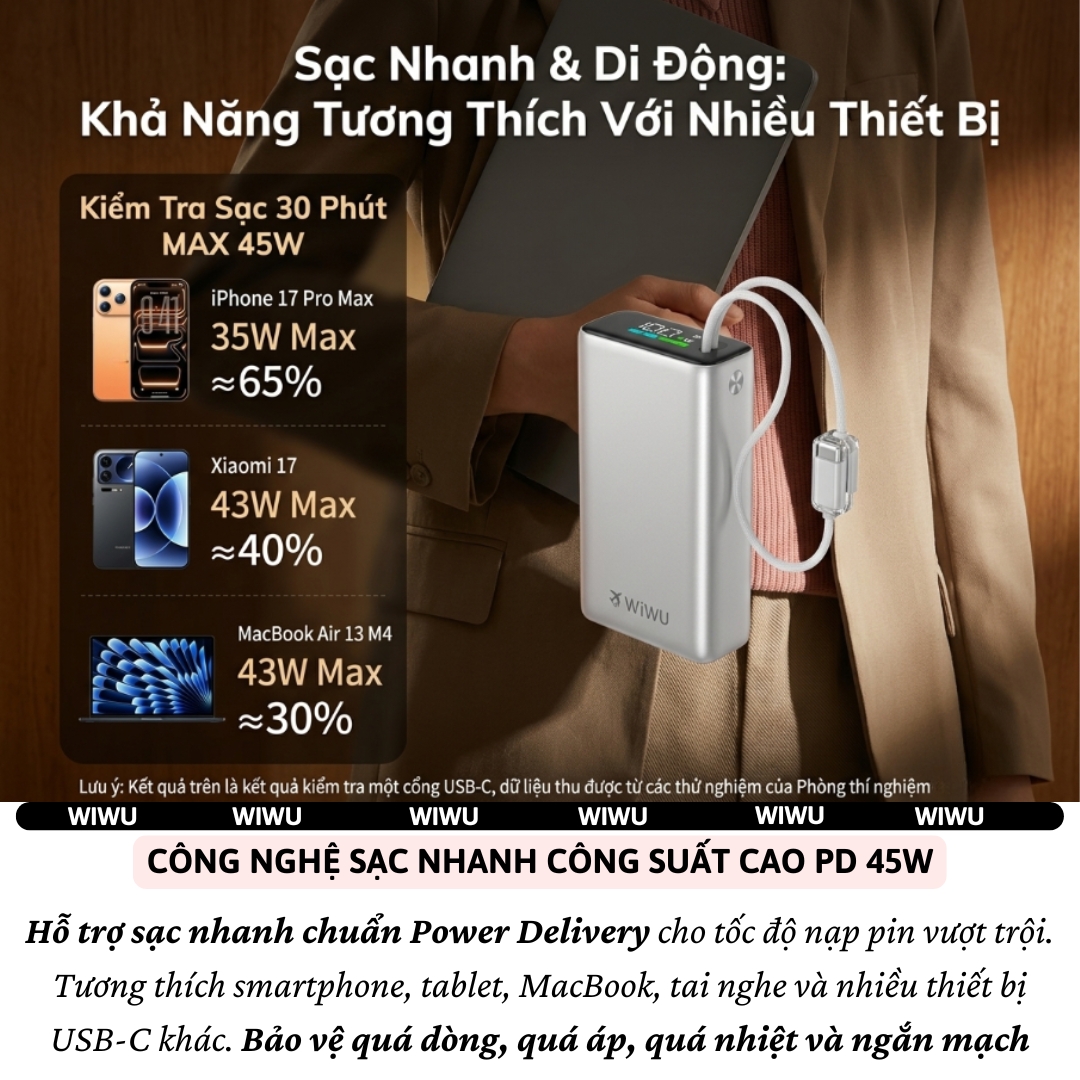 Pin sạc dự phòng PD 3.0 sạc nhanh 45W 20.000mAh tích hợp dây Type C + L(iP)  WIWU POWERPLUS Cho iPhone Laptop Macbook - sạc nhanh ổn định, tối ưu hiệu suất, Chuẩn an toàn 3C / CCC / CE / RoHS,  Thiết kế nhỏ gọn, cao cấp - Hàng nhập khẩu