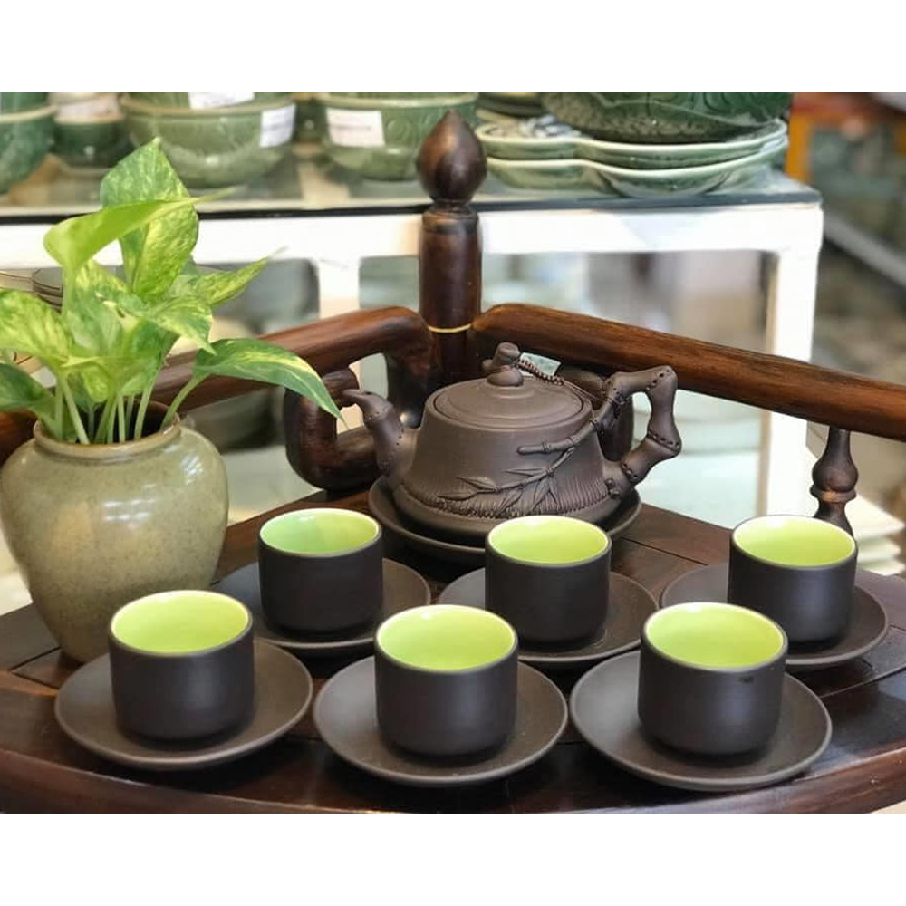 Bộ Ấm Chén Trà Đạo Gốm Tử Sa Bát Tràng Đắp Nổi Trúc Đoạn Dáng Trúc Đoạn Dung Tích 350ml ATSML 07.2
