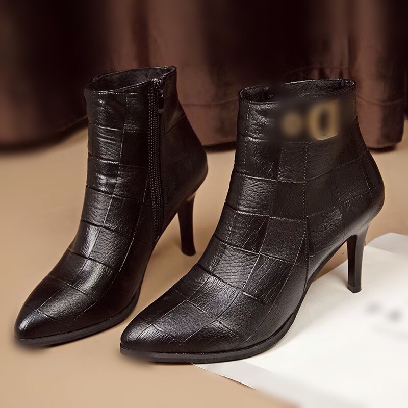 Boots da cổ ngắn gót nhọn, bốt cao gót chữ D thời trang, lót lông