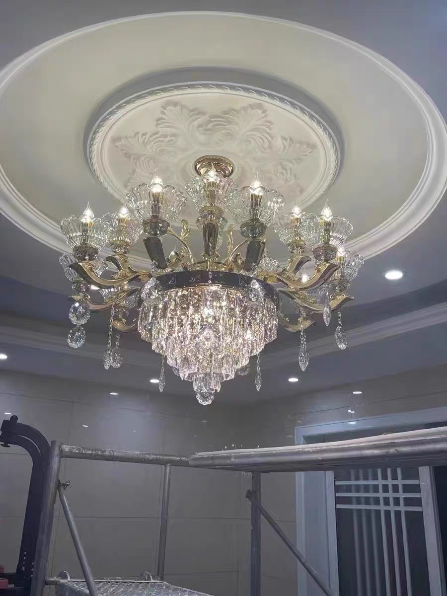 Đèn chùm trang trí, Đèn pha lê K9 CAO CẤP, Thân hợp kim mạ Vàng, TẶNG BÓNG LED ĐỔI MÀU, Ảnh công trình thực tế, Mã 5003