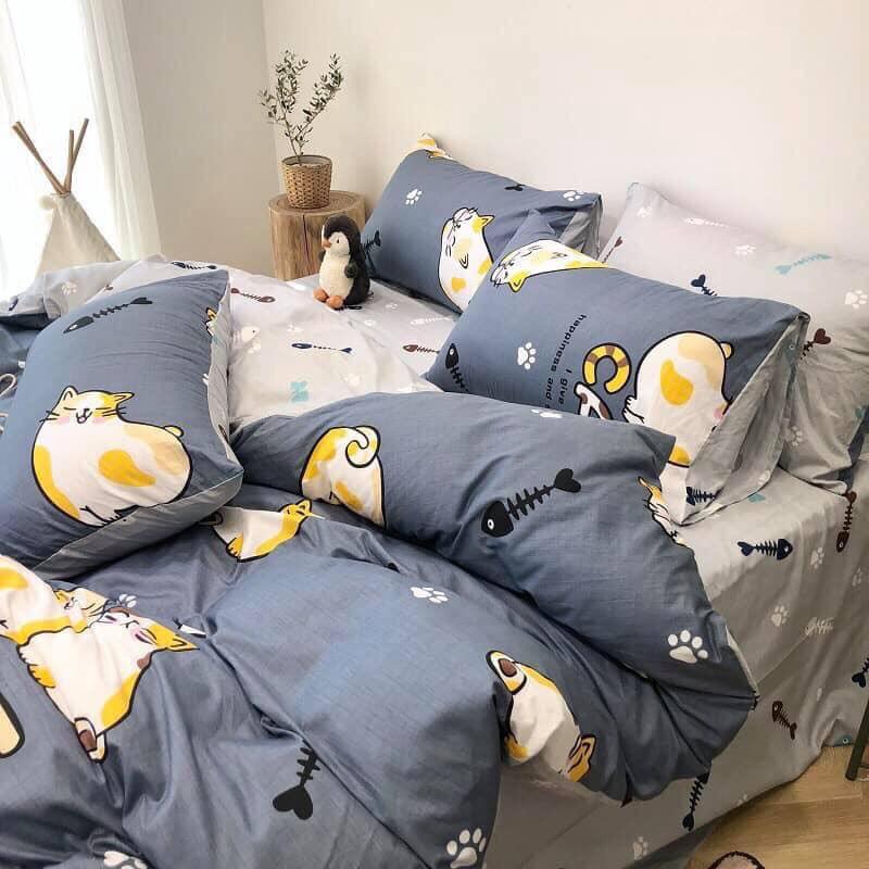 Bộ chăn ga gối Cotton poly M2T bedding, vỏ chăn mền, drap ga giường và 2 vỏ gối - Pl Mèo xương cá