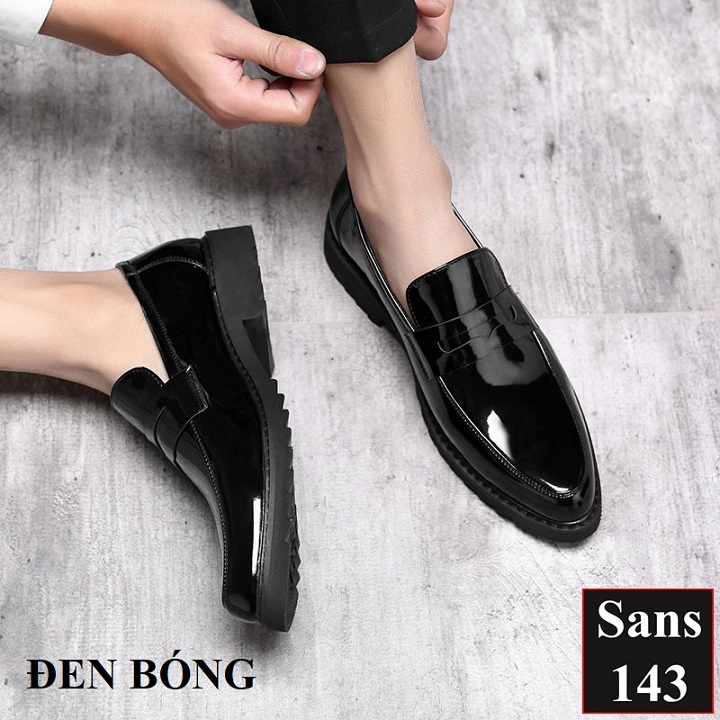 Giày lười nam da bò thật Sans143 cao cấp đen bóng êm chân công sở hàn quốc đẹp loafer mọi size cỡ 38 39 40 41 42 43 44