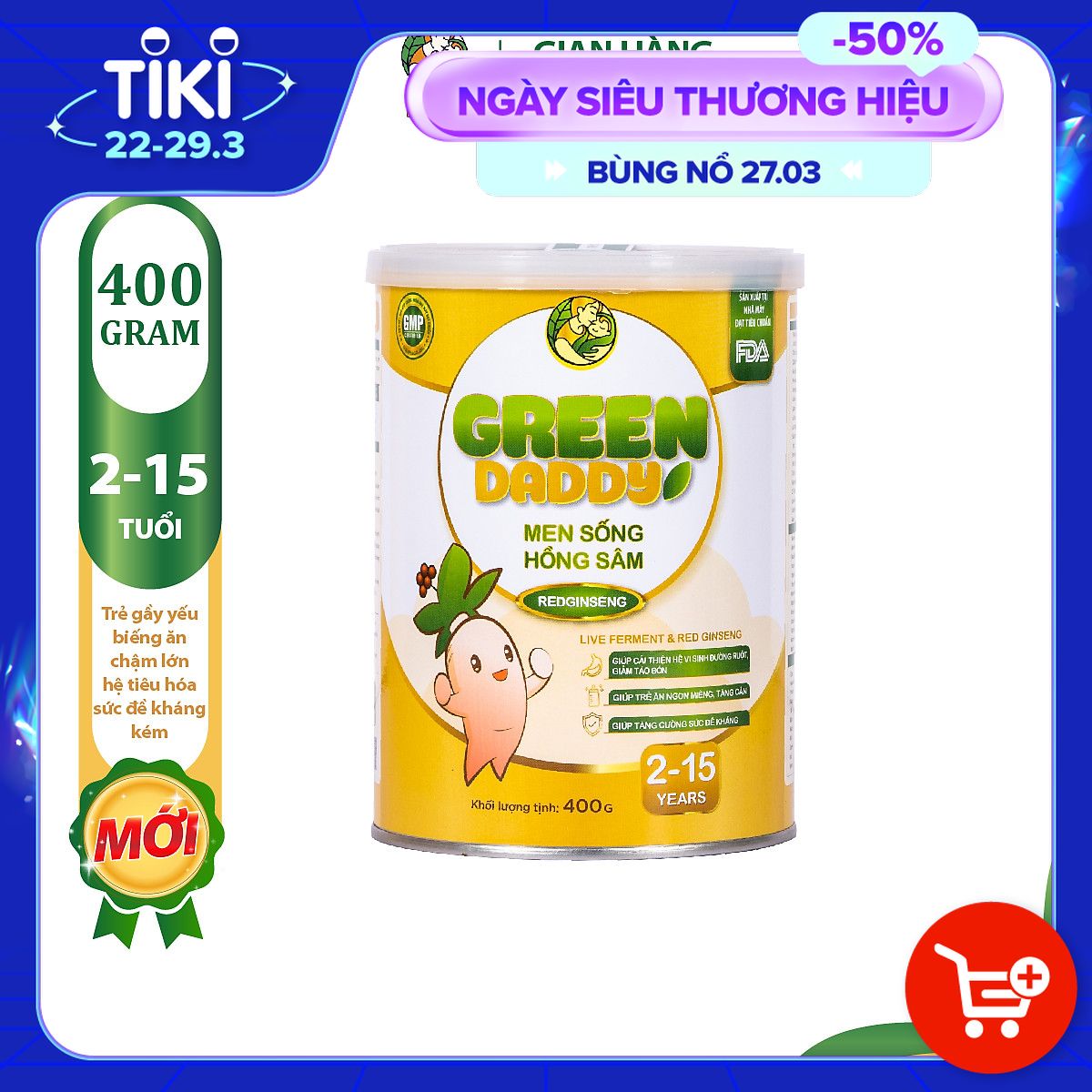 Sữa bột, Sữa non Green Daddy Men sống Hồng Sâm lon 400g hỗ trợ bé ăn ngon, giảm táo bón, tăng sức đề kháng cho bé từ 2 - 15 tuổi